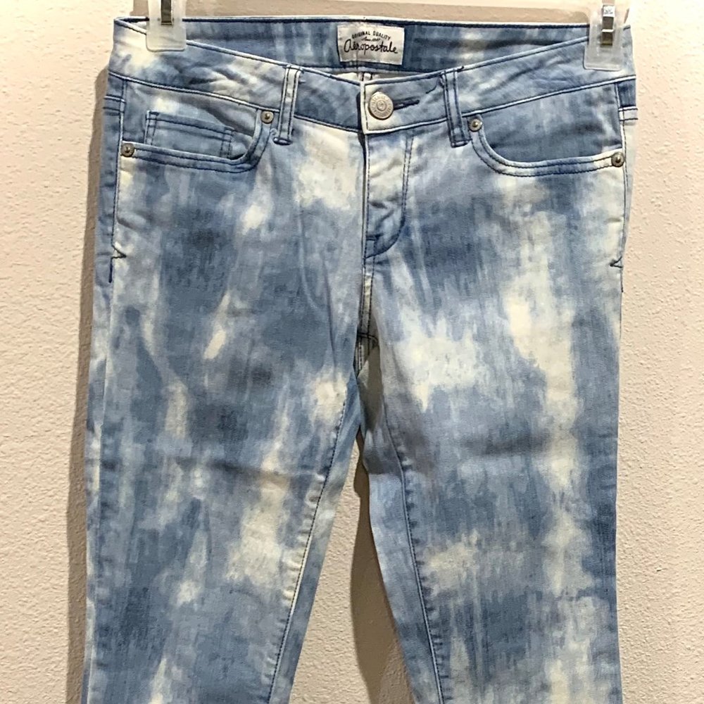 Tie dye, blue and white washed jeans